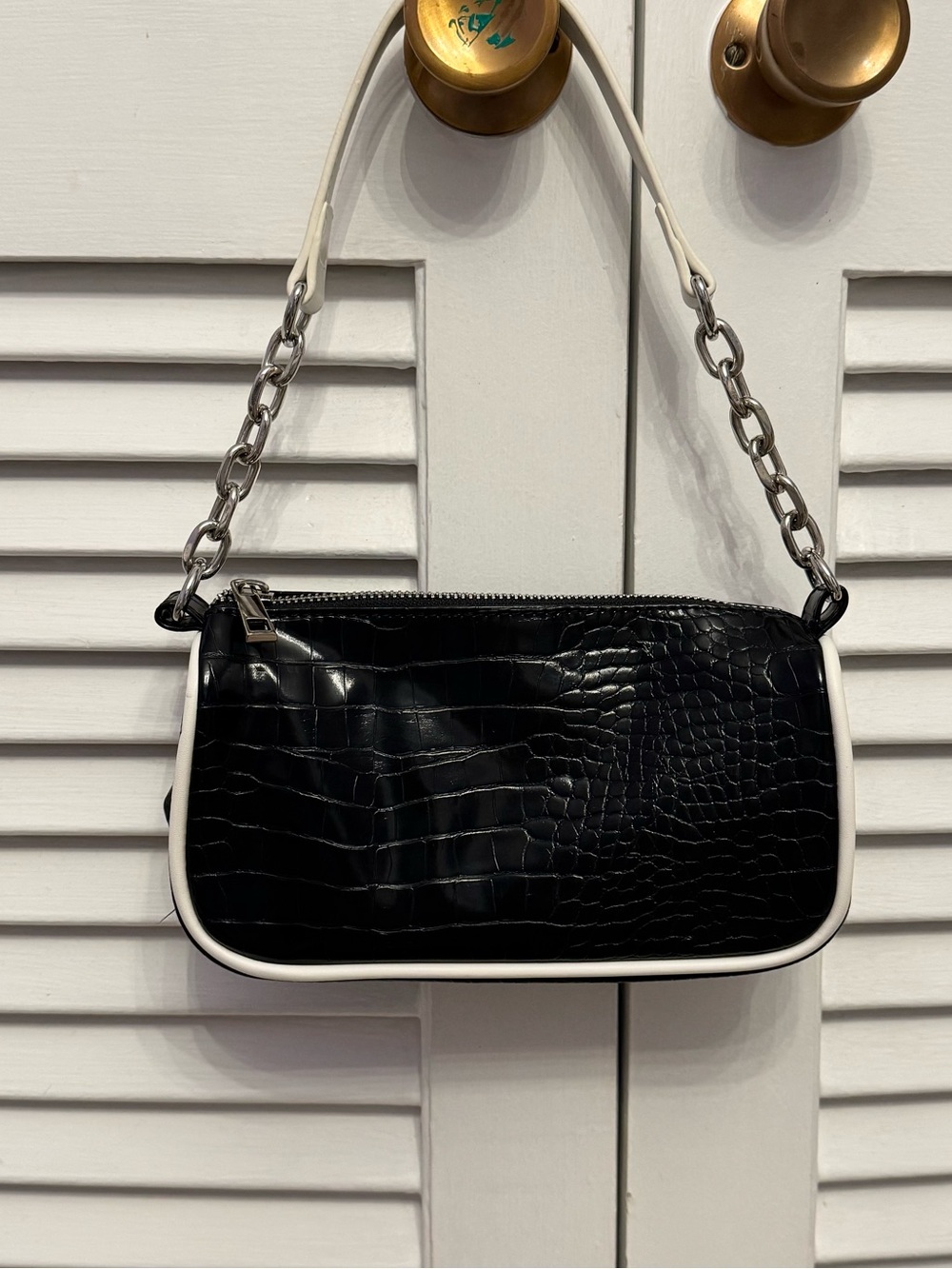 Urban Outfitters Black Croc-Embossed Shoulder Bag with White Trim